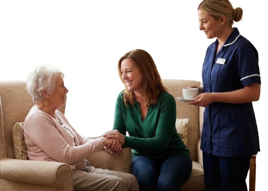 A caregiver bringing tea to a resident and her daughter