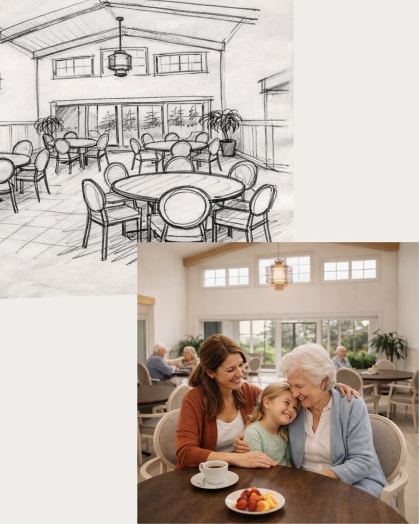 Design sketch of a dining room beside a photo of residents sharing a meal