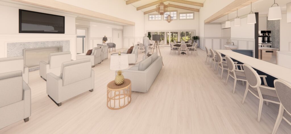 Rendering of the open lounge and dining area at Eden Springs