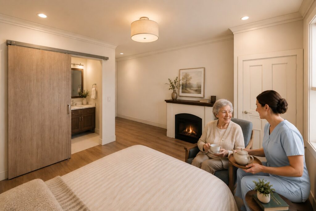 Rendering of a resident suite with a caregiver visiting a resident