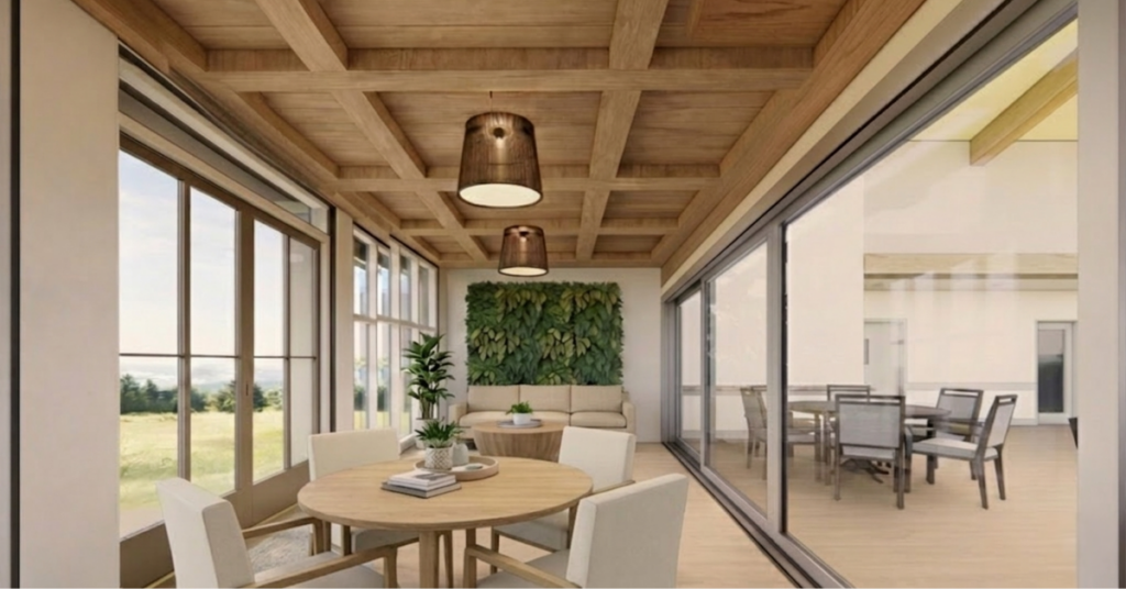Rendering of a bright sunroom dining area at Eden Springs